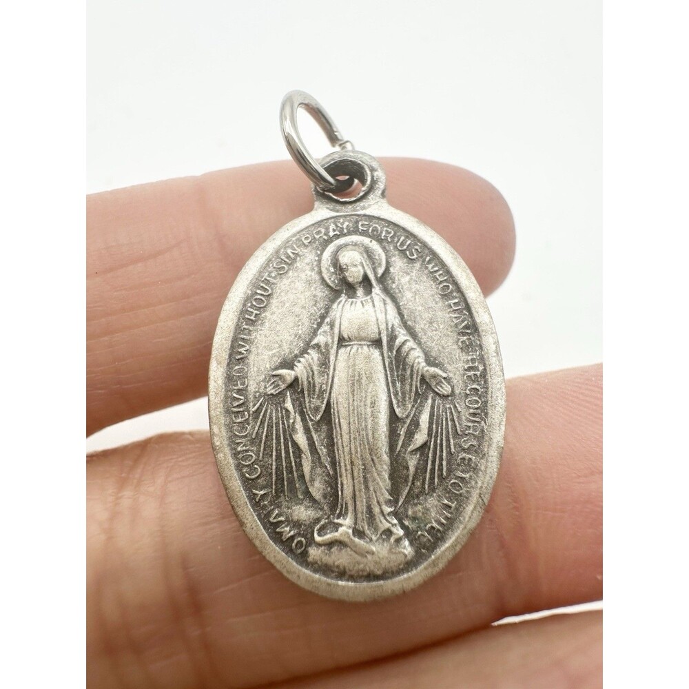 Vintage Virgin Mary Miraculous Medal Charm Silver Tone
